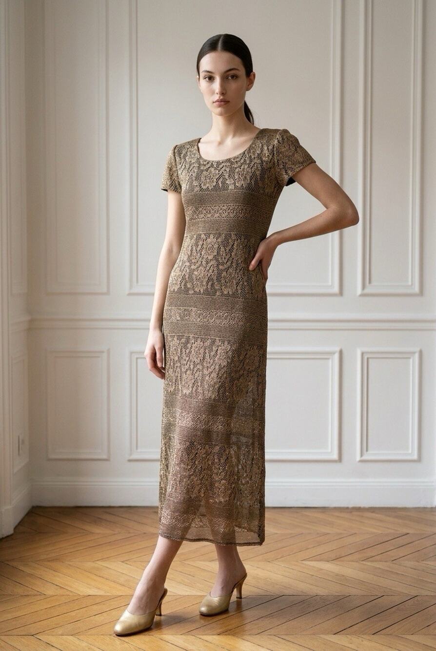 VintageJessica Howard Crochet Lace Overlay Bronze/Brown Maxi Dress Women's 6